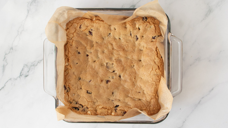 uncut bar cookie in a square pan