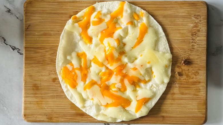 flour tortilla topped with melted cheese