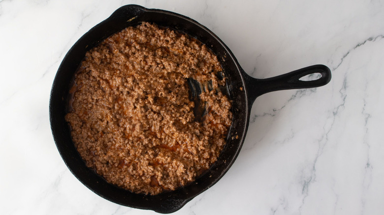 Cheesy beef mixture in skillet