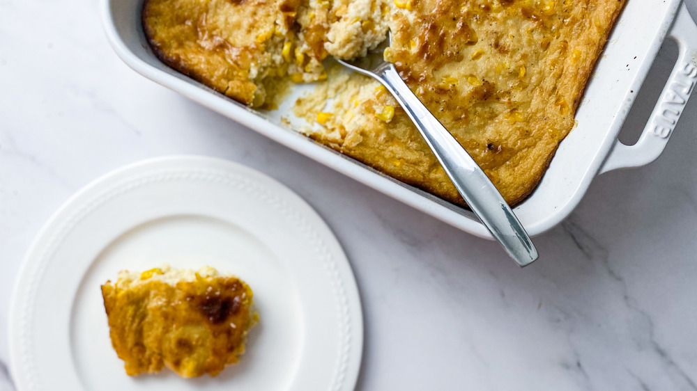 corn pudding in pan