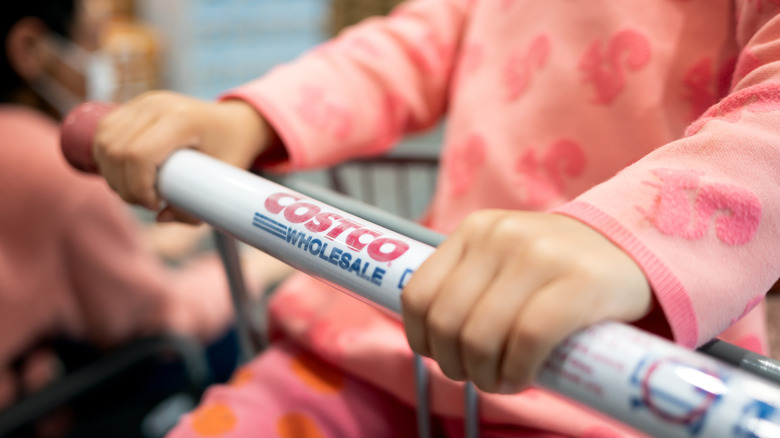 Child holding onto Costco shopping cart