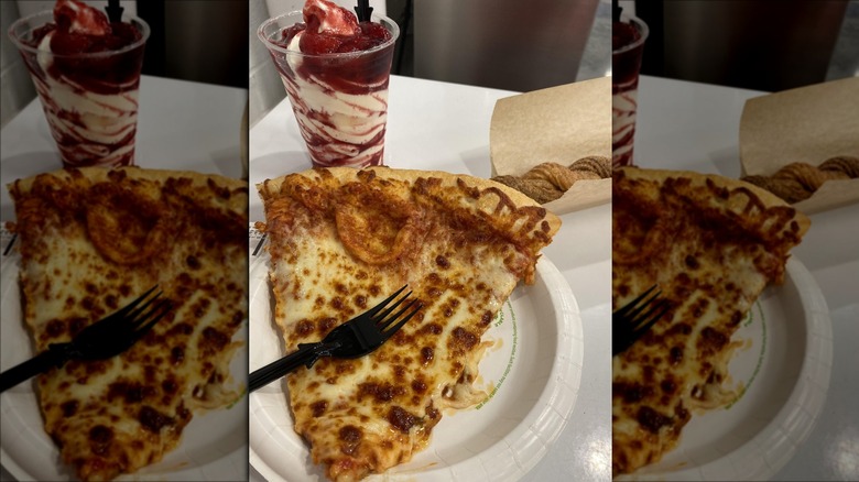 Costco pizza, churro, and sundae