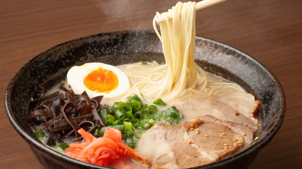 A bowl of tonkotsu ramen with egg