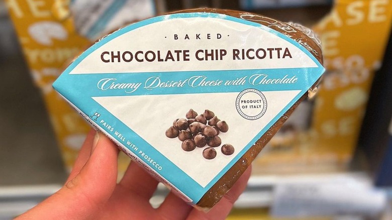 A wedge of chocolate chip ricotta cheese at Costco.