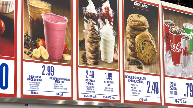 Costco food court menu with double chocolate chunk cookies