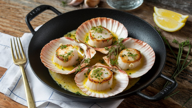 Cooked scallops with herbs and sauce