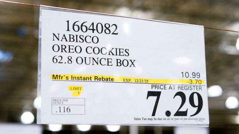 A price tag advertising Nabisco Oreo cookies at $7.29 at Costco