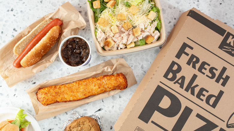 Overhead view of Costco food court offerings