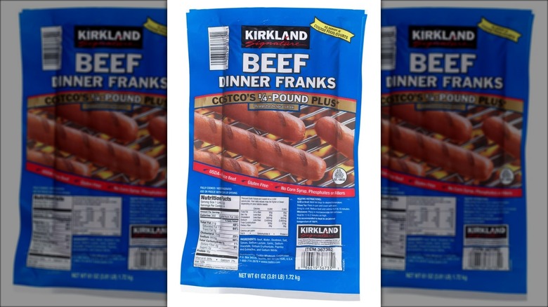 A package of Kirkland Signature all-beef dinner franks.