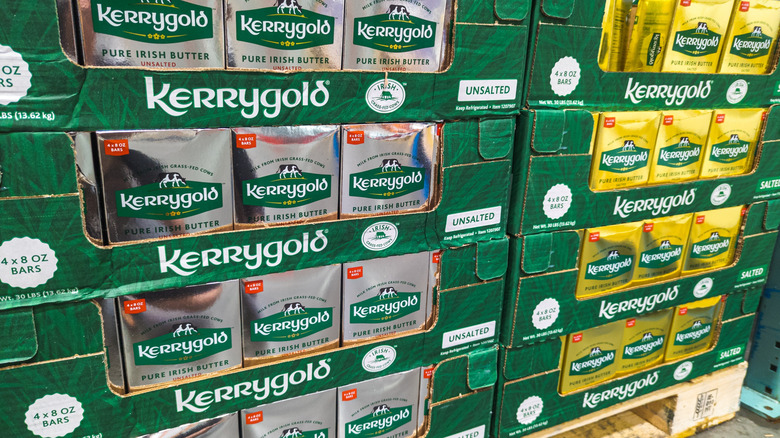 Stacks of Kerrygold unsalted and salted butter at Costco