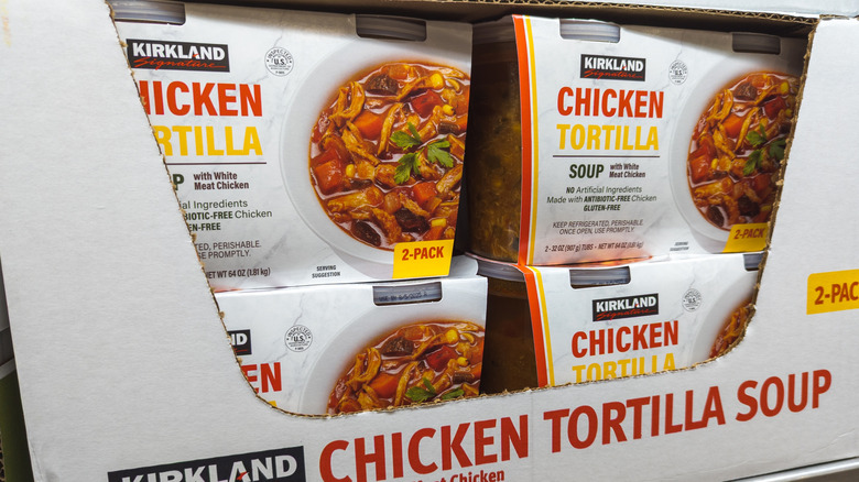 Kirkland-brand chicken tortilla soup on Costco shelves