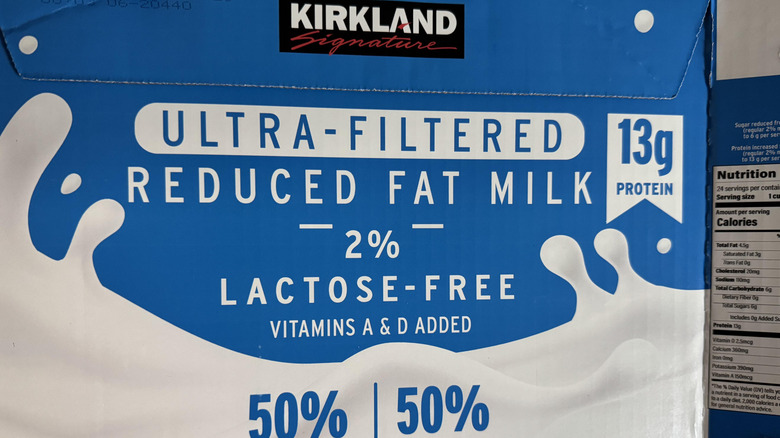A box of Kirkland Signature ultra-filtered reduced fat milk 2% lactose-free