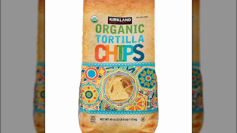 Bag of Kirkland Signature brand organic tortilla chips.