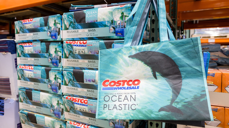Reusable bags made of recycled plastic on display at Costco wholesale