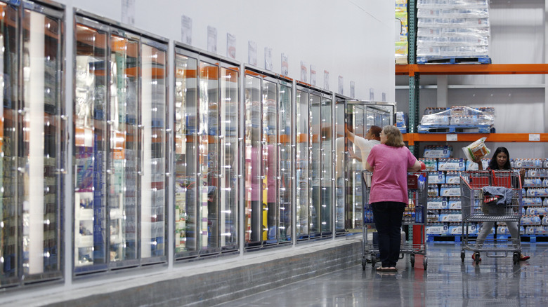 The frozen food aisle at a Costco big box store