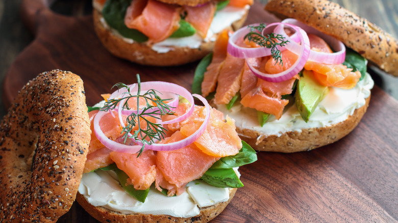 Everything bagels with lox and cream cheese