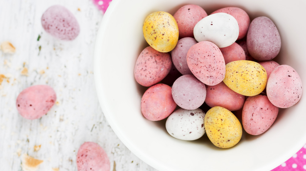 Bowl of Easter milk chocolate candy mini eggs