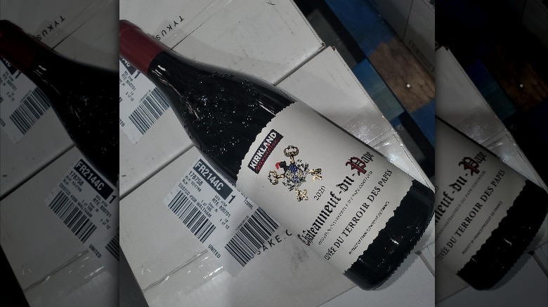 A bottle of Kirkland red wine from Costco