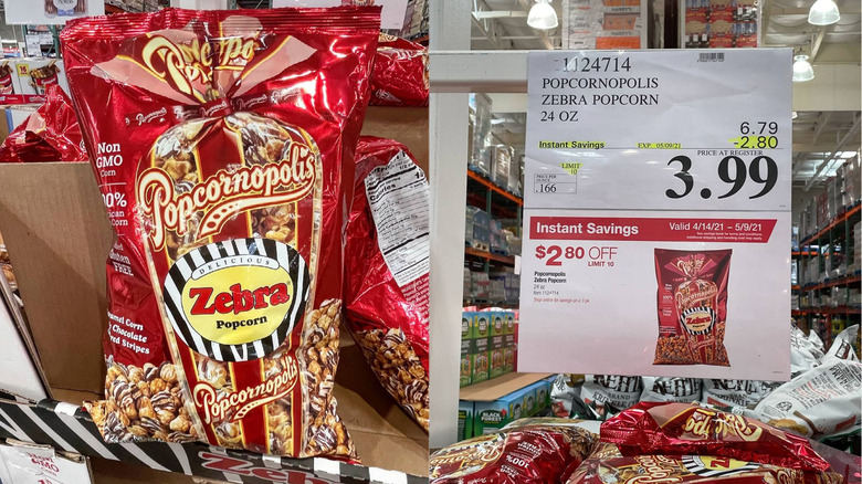 Red bag of Popcornopoolis zebra popcorn at Costco