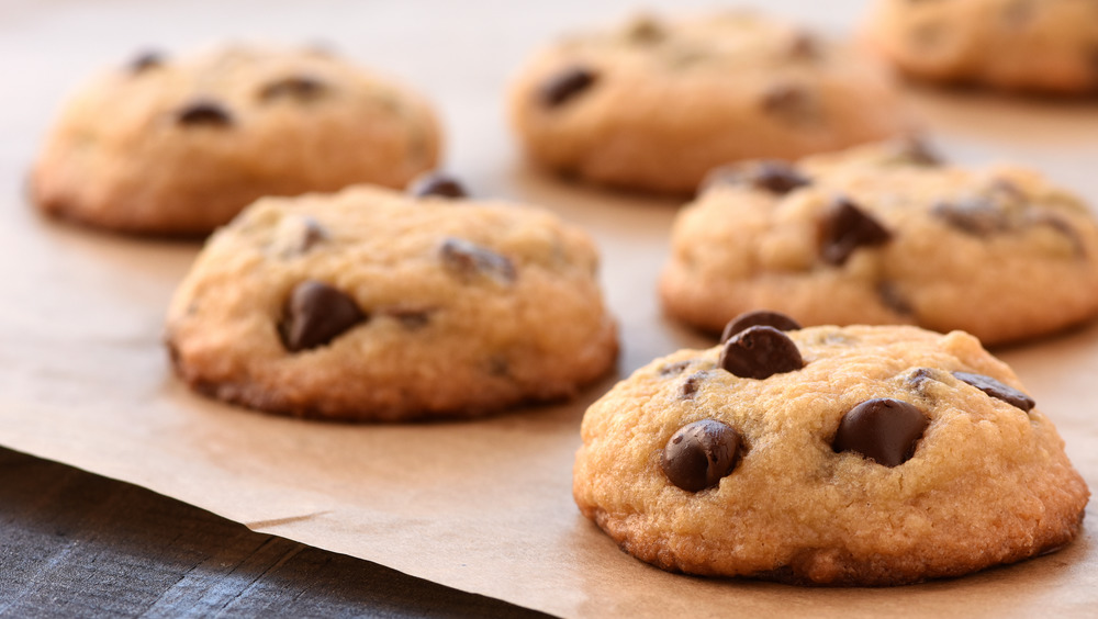 Chocolate chip cookies on baking sheet