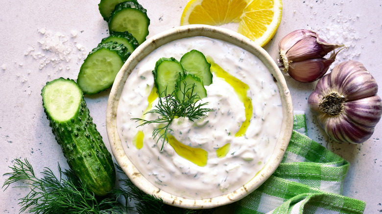 Tzatziki in a bowl with vegetables