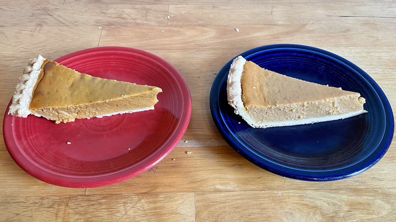 Costco and Sam's Club pumpkin pie slices on red and blue plates