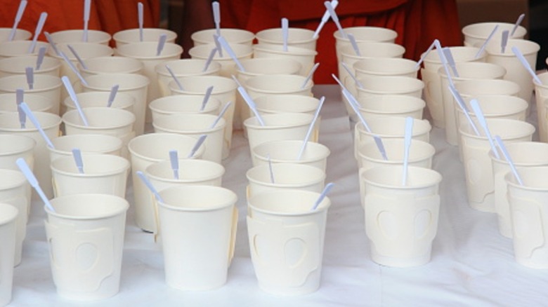 White sample cups on a table