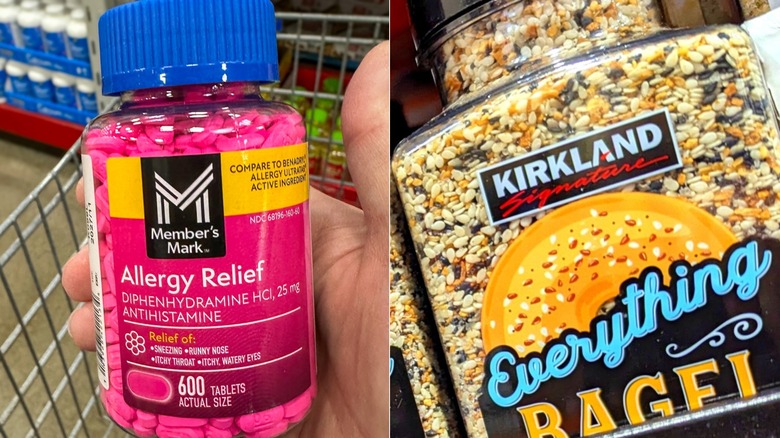 Split image of Memeber's Mark allergy medication and Kirkland Signature bagel seasoning