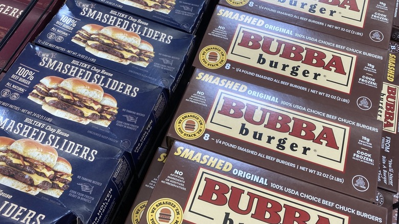 boxes of premade burgers at Walmart