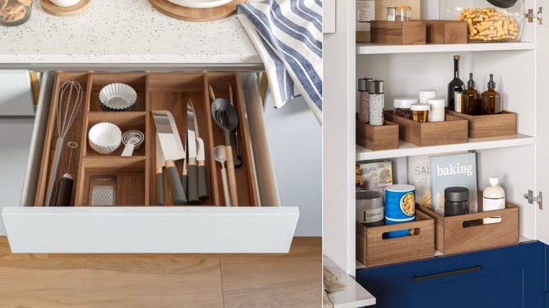 Wood drawer organizer with utensils and filled storage boxes and bins on shelves