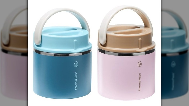 Two short Insulated Food Jars, one each in turquoise blue and pink
