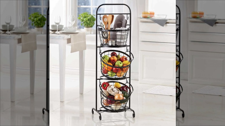 Costco's 3 tier basket tower in kitchen
