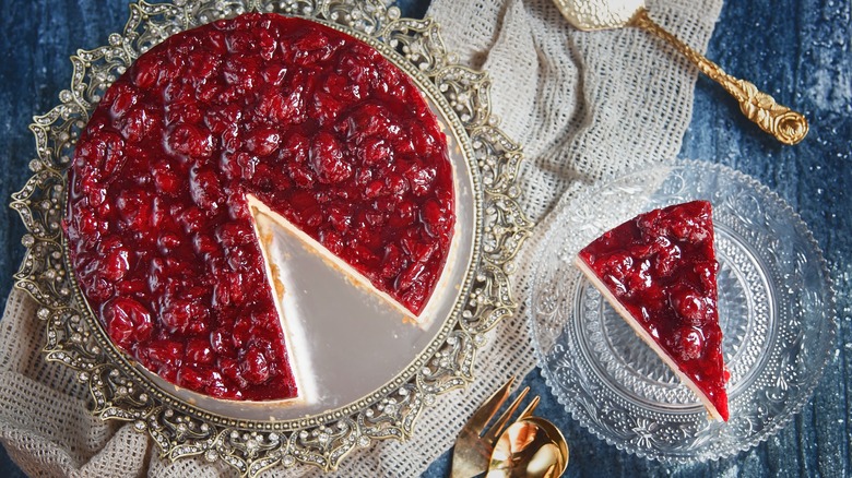 plated slice of cherry cheesecake