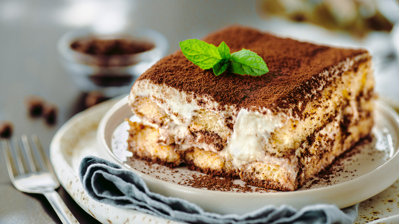 A slice of tiramisu cake.