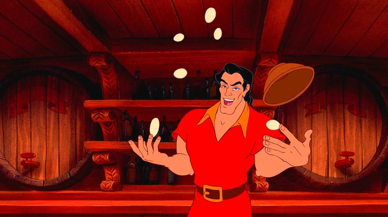 Gaston juggling eggs in Beauty and the Beast