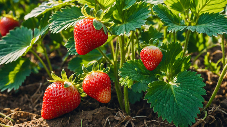 Strawberries growing in a field