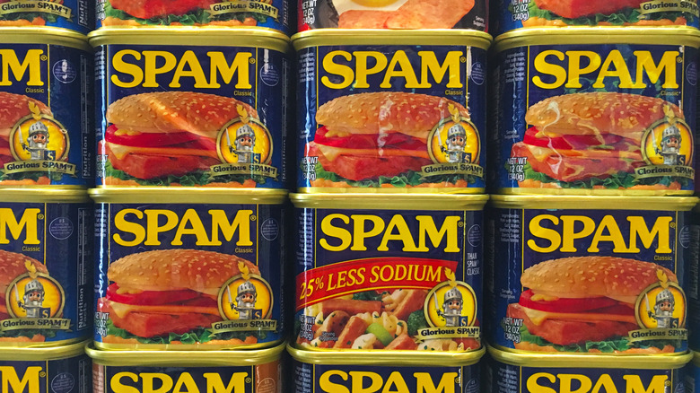 rows of stacked Spam