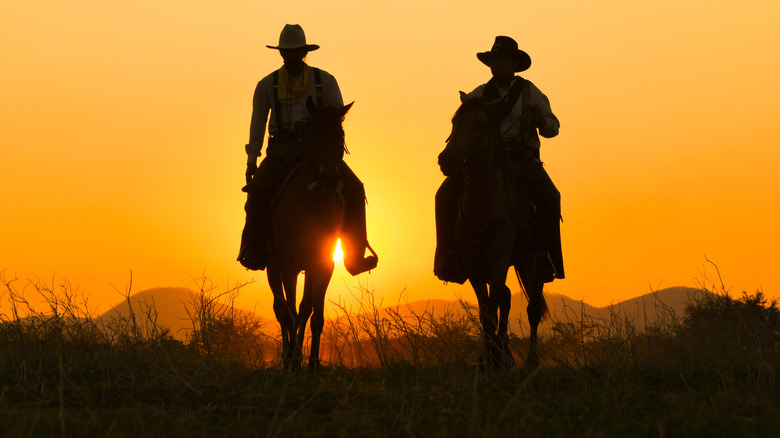 Two silhouetted cowboys on horses in grassy, mountainous landscape with golden sunset behind them