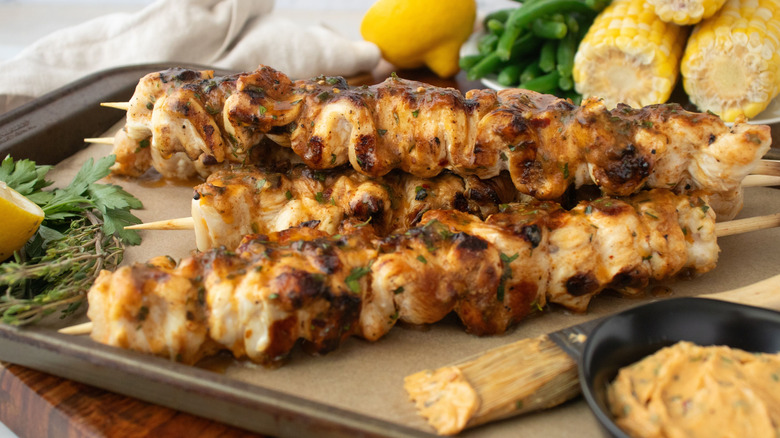 Cowboy butter chicken kabobs on serving tray