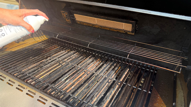 Hand spraying grill with cooking spray