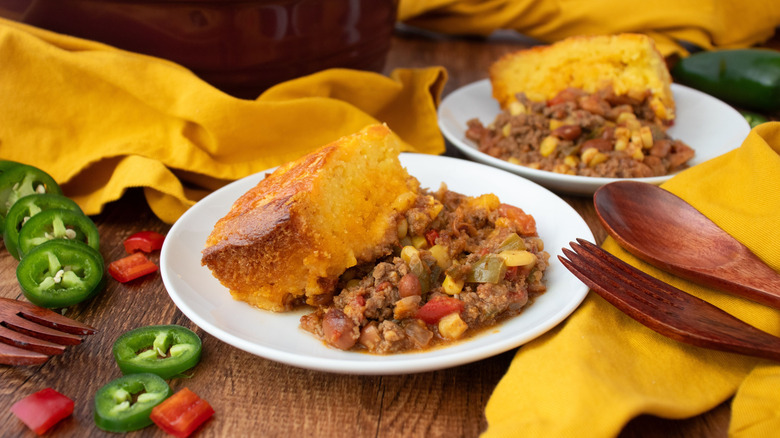 Cowboy casserole with cornbread on plate
