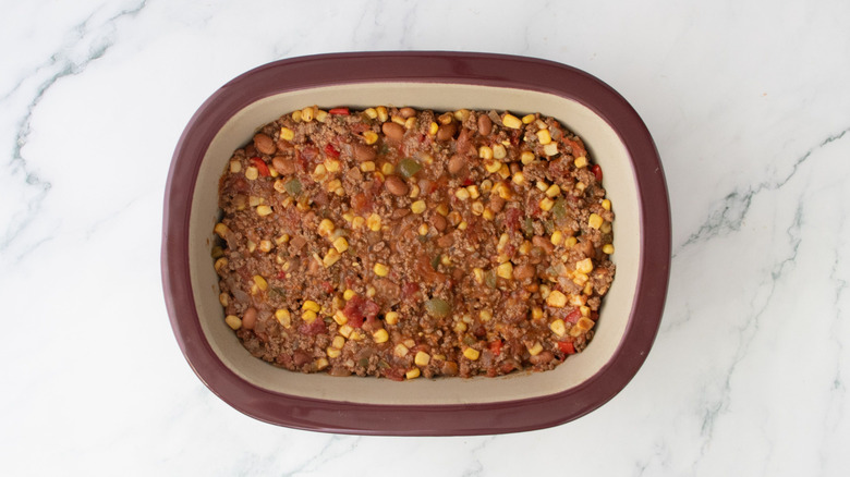 Beef chili mixture in casserole dish