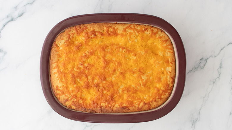 Baked casserole with browned cheese topping