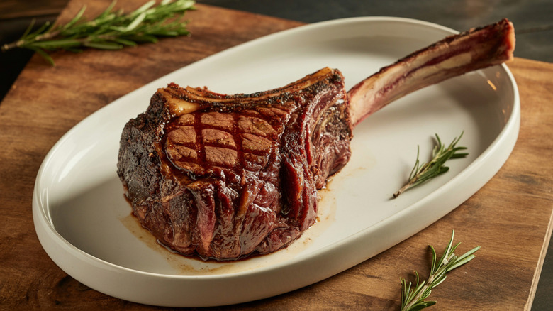 A tomahawk steak with a long bone sticking out sits on a plate surrounded by sticks of rosemary.