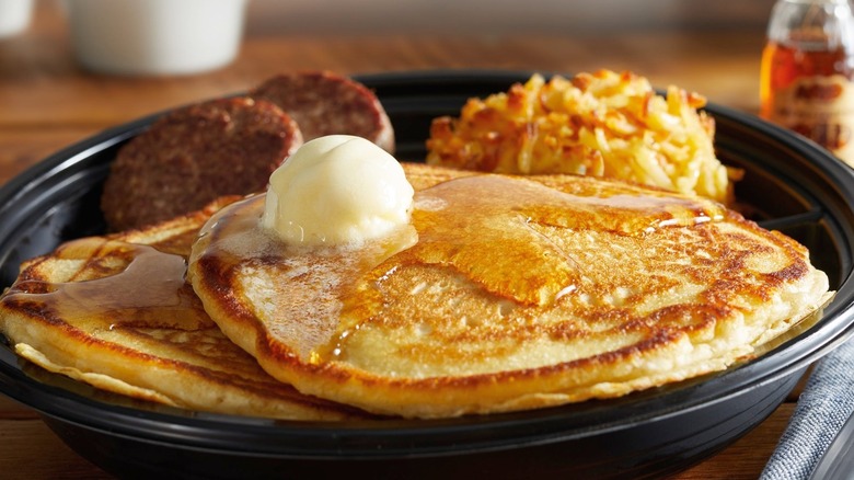 Pancakes with sausage and hashbrowns