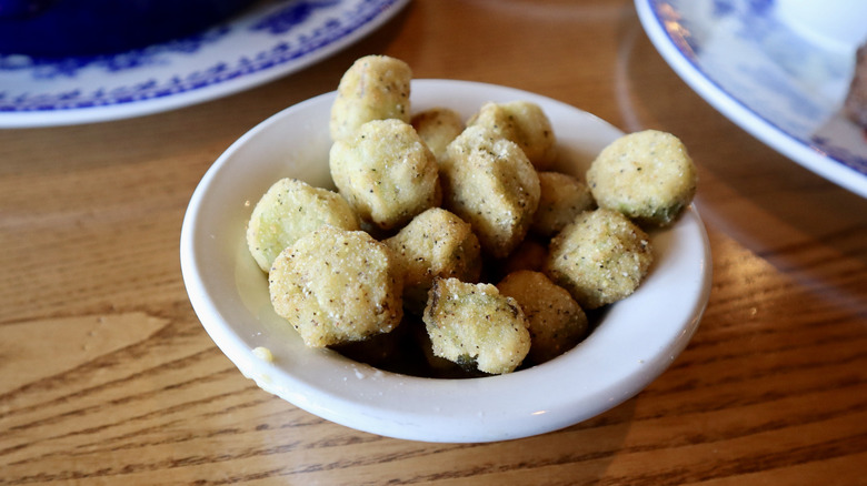 fried okra in white dish