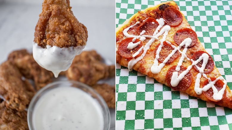 ranch dressing on fried chicken and pepperoni pizza