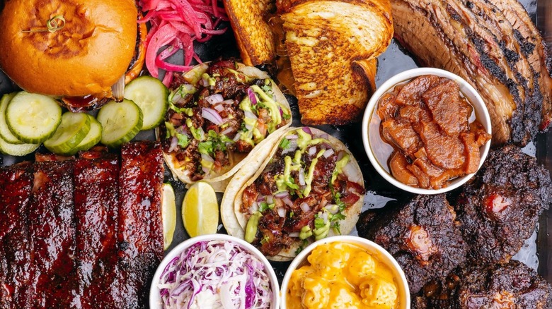Platter of meats and sides at Destination Smokehouse and Eatery