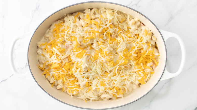 cheese and noodles in white casserole dish