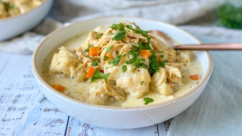 chicken and dumplings in bowl